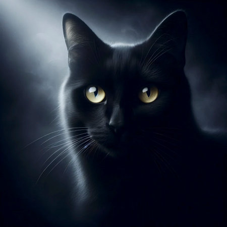 A mystical black cat with yellow eyes portrait, Ai generated imageの写真素材