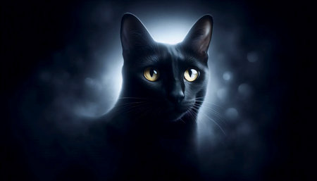 A mystical black cat with yellow eyes portrait, Ai generated imageの写真素材