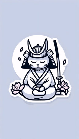 A minimalist line art of a meditating samurai cat, Ai generated imageの写真素材