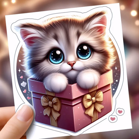 A playful kitten peeking out of a gift box sticker, Ai generated imageの写真素材