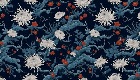 A Japanese floral pattern dark blue coral seamless design, Ai generated imageの写真素材