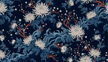 A Japanese floral pattern dark blue coral seamless design, Ai generated imageの写真素材