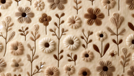 A boho felt floral pattern with beige-brown flowersの写真素材
