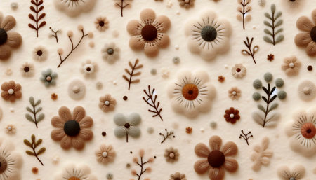 A boho felt floral pattern with beige-brown flowersの写真素材