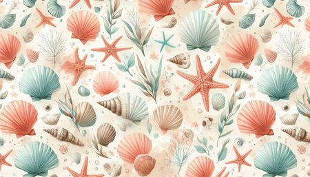 A watercolor coastal summer seashells marine pattern, Ai generated imageの写真素材