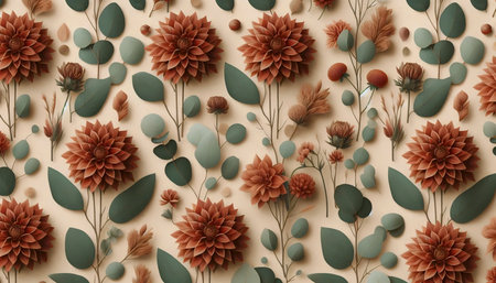 A Terracotta Floral Autumn digital paper in sage green and orange, Ai generated imageの写真素材