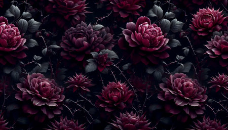A dark moody floral seamless pattern with plum and burgundy flowers on black, Ai generated imageの写真素材