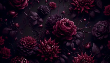 A dark moody floral seamless pattern with plum and burgundy flowers on black, Ai generated imageの写真素材