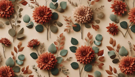 A Terracotta Floral Autumn digital paper in sage green and orange, Ai generated imageの写真素材