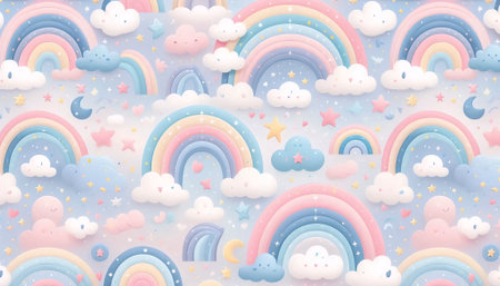 A Rainbow pattern with whimsical pastel arcs and clouds, Ai generated imageの写真素材