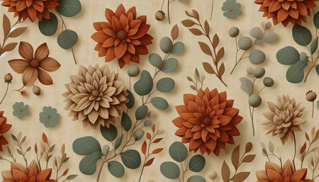 A Terracotta Floral Autumn digital paper in sage green and orange, Ai generated imageの写真素材