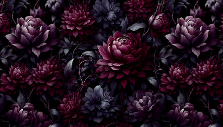 A dark moody floral seamless pattern with plum and burgundy flowers on black, Ai generated imageの写真素材