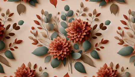 A Terracotta Floral Autumn digital paper in sage green and orange, Ai generated imageの写真素材