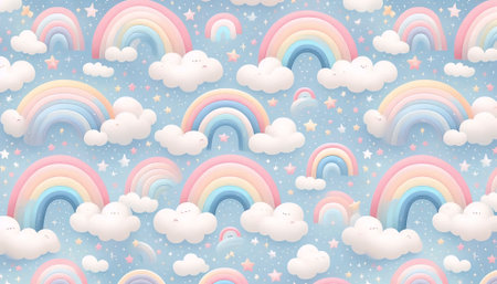 A Rainbow pattern with whimsical pastel arcs and clouds, Ai generated imageの写真素材