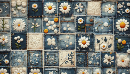 A denim patchwork pattern with floral motifs seamless, Ai generated imageの写真素材