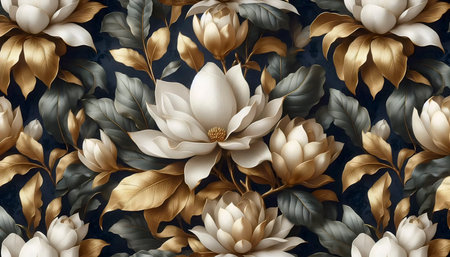 A Gold Magnolia pattern seamless design, Ai generated image