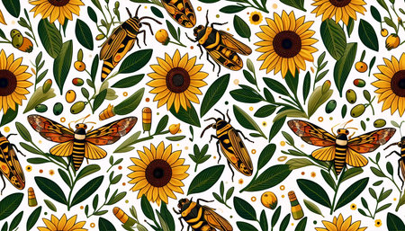 A French Provencal cicada and sunflower seamless pattern, Ai generated imageの写真素材