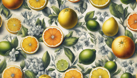 A vintage botanical citrus fruit seamless pattern, Ai generated image