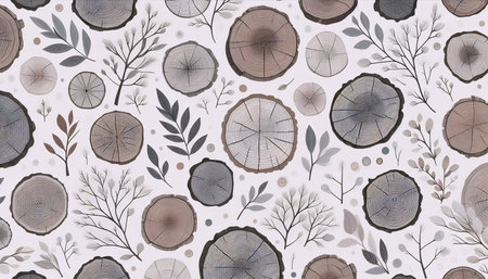 A geometric wood slice and branch seamless pattern, Ai generated image