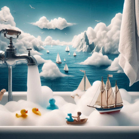 A bathtub scene imagined as an ocean adventure, Ai generated image