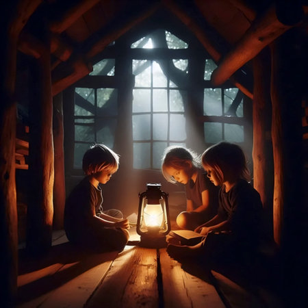 A secret treehouse meeting at dusk with lantern light, Ai generated image