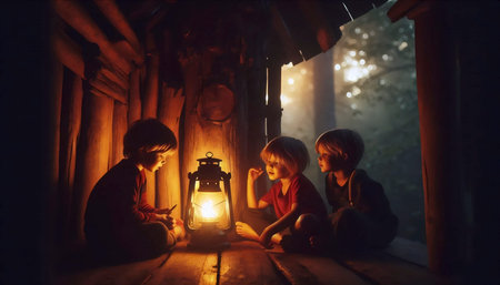 A secret treehouse meeting at dusk with lantern light, Ai generated imageの写真素材