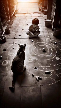 A cat observing a childs earnest sidewalk chalk universe, Ai generated imageの写真素材