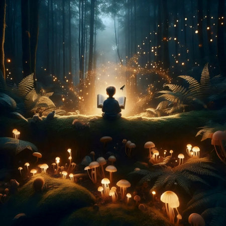 A child reading a book that illuminates a dark forest, Ai generated imageの写真素材