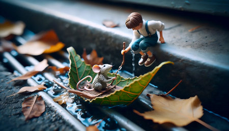 A boy sailing a leaf boat with a mouse passenger in a gutter, Ai generated image