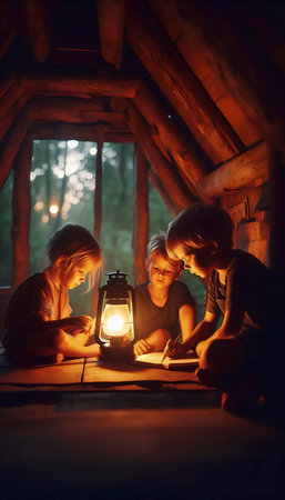 A secret treehouse meeting at dusk with lantern light, Ai generated imageの写真素材