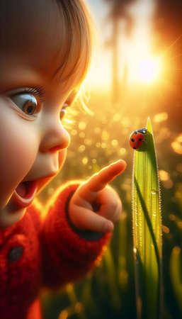 A toddlerâs first encounter with a hovering ladybug, Ai generated imageの写真素材