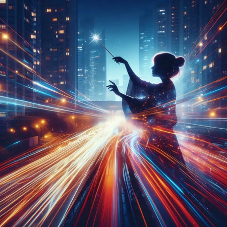 A girl conducting a symphony of city lights with a sparkler, Ai generated image