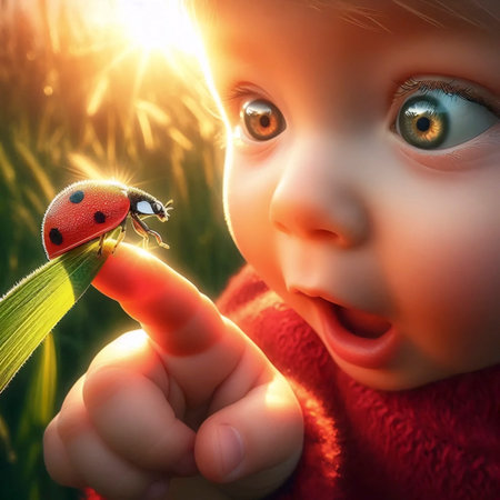 A toddlerâs first encounter with a hovering ladybug, Ai generated imageの写真素材