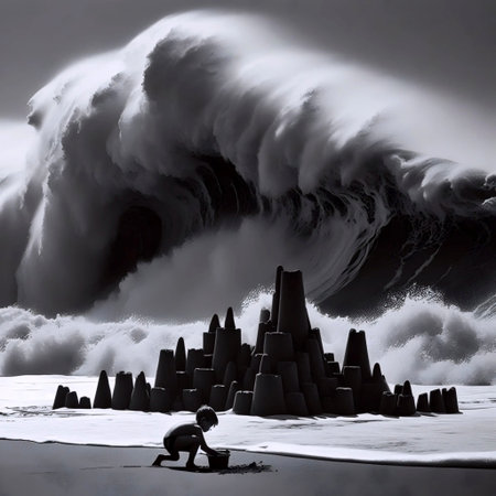 A child building a sandcastle fortress against the incoming tide.の写真素材