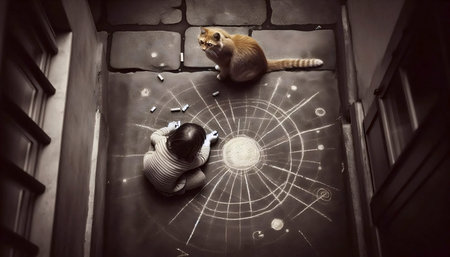 A cat observing a childs earnest sidewalk chalk universe, Ai generated imageの写真素材
