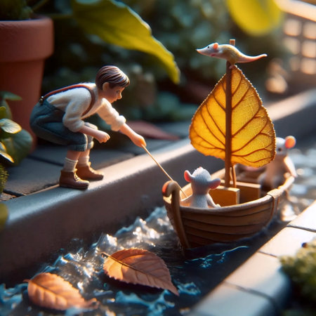 A boy sailing a leaf boat with a mouse passenger in a gutter, Ai generated imageの写真素材
