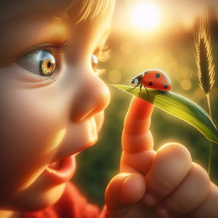 A toddlerâs first encounter with a hovering ladybug, Ai generated imageの写真素材