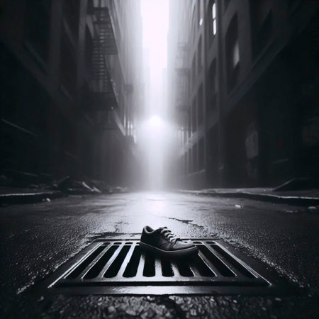 A wide, atmospheric shot of the lonely shoe on the empty street
