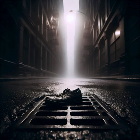 A wide, atmospheric shot of the lonely shoe on the empty street, Ai generated image