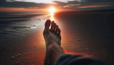 A silhouette of the foot against the vast sunset beach, Ai generated image
