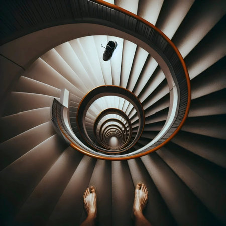 A shot from the top of the stairs, looking down at the shoes journey, Ai generated image