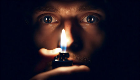 Eyes reflecting a flame in the dark, Ai generated image