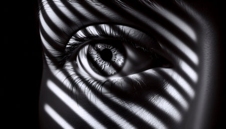 Eyes reflecting venetian blind stripes, Ai generated image