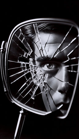 A gaze through a cracked side mirror, Ai generated image