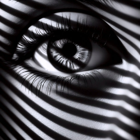 Eyes reflecting venetian blind stripes, Ai generated image