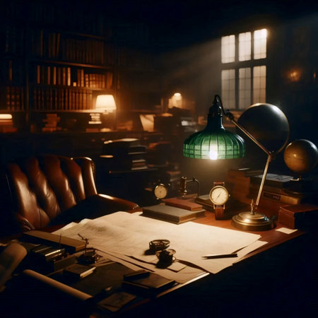 A wider shot of a dimly lit study, the watch as a focal point