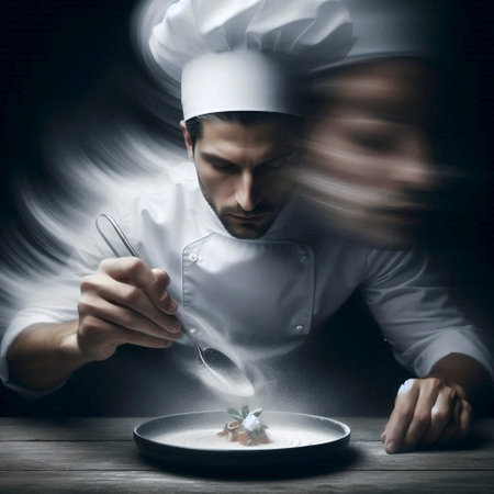 A long exposure photograph capturing a chef plating a dish, Ai generated imageの写真素材