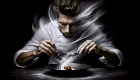 A long exposure photograph capturing a chef plating a dish, Ai generated imageの写真素材