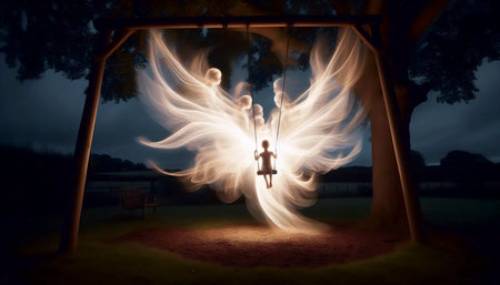 A long exposure photograph of a child on a swing at twilight, Ai generated imageの写真素材