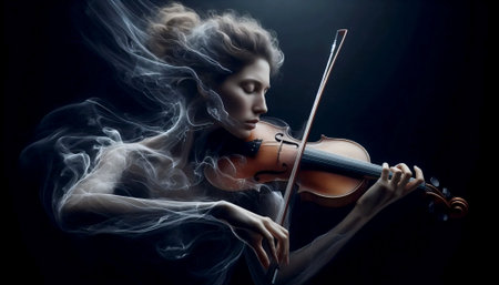 A long exposure photograph capturing a violinist's bow movement, Ai generated imageの写真素材